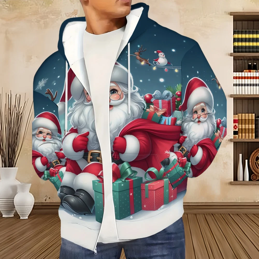 سانتا كلوز ثلاثية الأبعاد الجرافيك طباعة قلنسوة بسحاب الرجال النساء بلايز موضة عيد الميلاد قلنسوة بسحاب البلوز ثلج رياضية الرجال الملابس