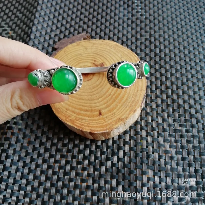 

925Sterling Silver Open-Ended Bracelet Vintage Tibetan Silver Inlaid Emerald Emerald Open-Ended Bracelet Tibetan Silver Jewelry