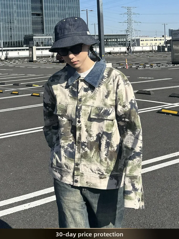 

American Retro Camouflage fiti Collar Patchwork Jaet Spring New BF Sle Loose Match All Cotton Long Sve Button up