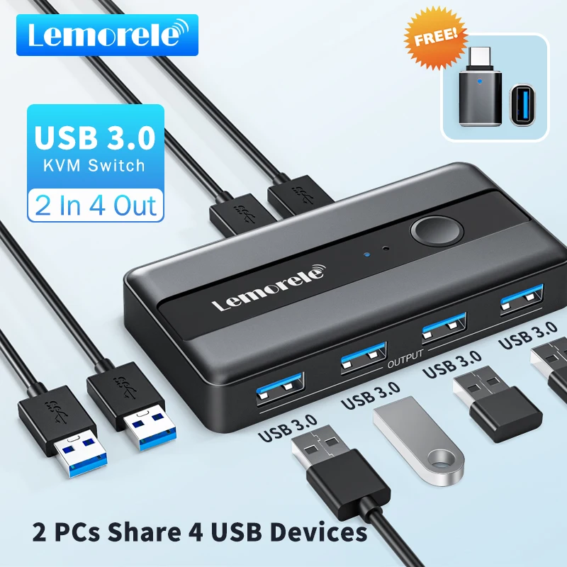 Lemorele USB KVM USB 3.0 2 Input 4 Output USB Switch KVM Switcher Printer Sharer For Computer Keyboard Mouse Sharer Controller