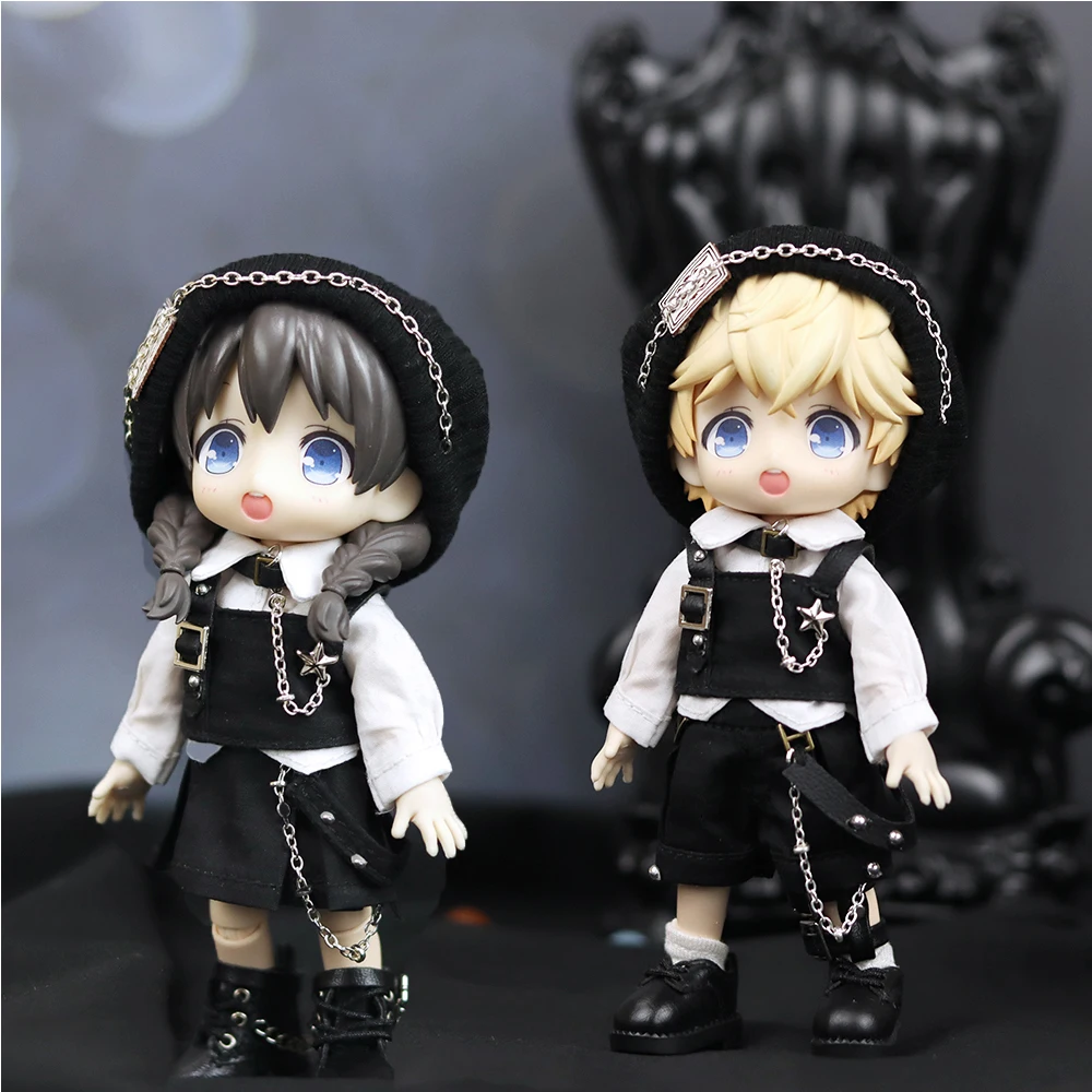 

H01-A239 children handmade toy 1/12 bjd ob11 GSC P9 UF doll clothes black cool Chain hat shirt set