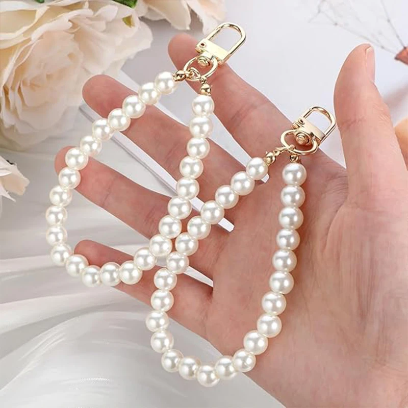 لؤلؤة مطرز المفاتيح الأشرطة اللؤلؤ الاصطناعي سلسلة مفتاح حامل حلقة رئيسية شريط للرسغ ملحق الديكور للنساء الفتيات