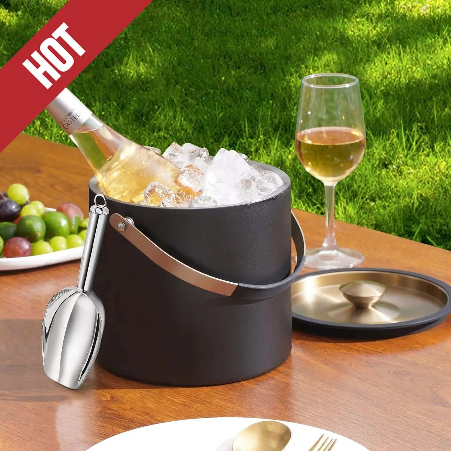 

3.2L/3.4QT Modern Insulated Ice Bucket With Silicone Lid, Scoop, Strainer, Double Wall Stainless Steel Ice Bucket For Parties,cu
