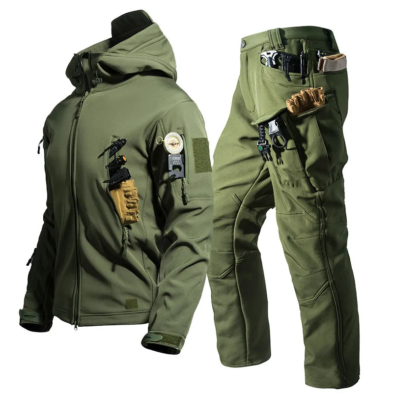 New Soft Shell Tactical Jacket Men Winter Fleece Hooded Coat Hunting Pants Outdoor Camouflage CS Tops Waterproof Windproof - view 4