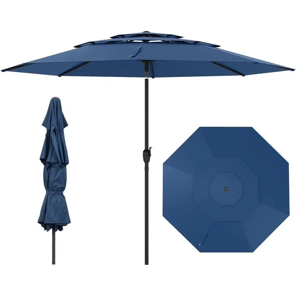 

10ft 3-Tier Vented Patio Umbrella with Push Button Tilt and Crank Lift, Suitable for Outdoor, Garden, Beach, Poolside (Navy)