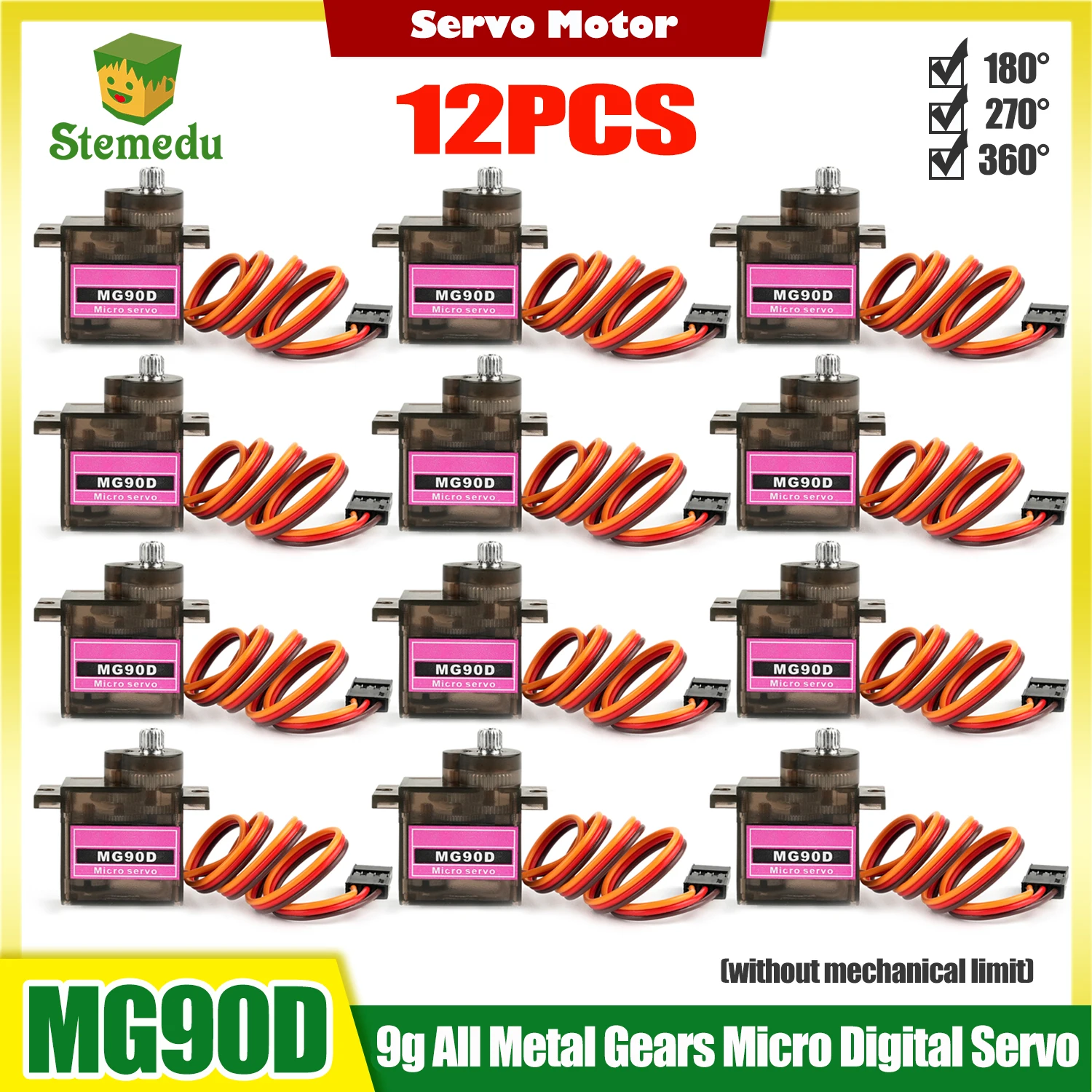 

12pcs MG90D 9g Micro Servo Motor Metal Gears Lightweight Digital Servo no Mechanical Limit for DIY Arduino Helicopter Airplane
