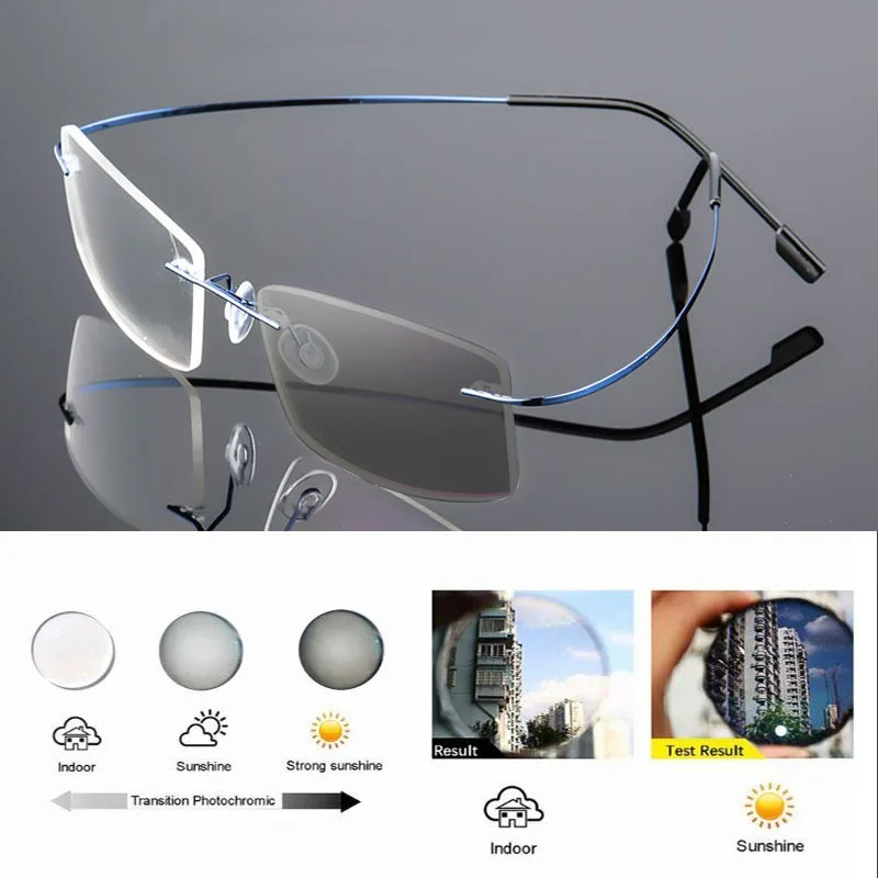 Randlose Ultraleichte Photochrome Myopie‑Brille Männer Titanlegierung Geschäftsbrille grau‑veränderliche Linsen – Detail 17