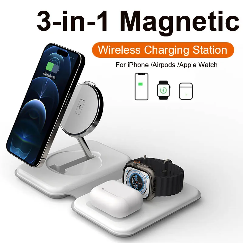 3 In 1 Foldable Magnetic Wireless Charger Pad For iPhone 15, 14, 13 Pro/Max/Plus, AirPods 3/2 Station Dock Fast Charger Holder