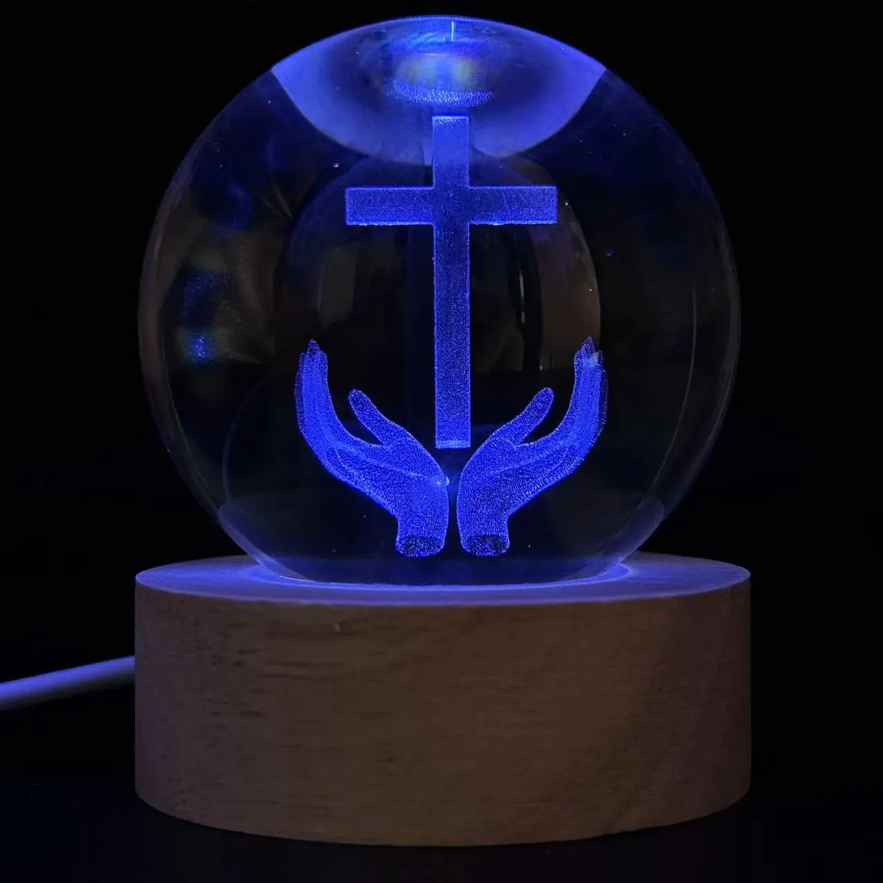 1pc,3D laser engraving hands holding the cross round ball night light, with colored light wood lamp holder, home decoration deco