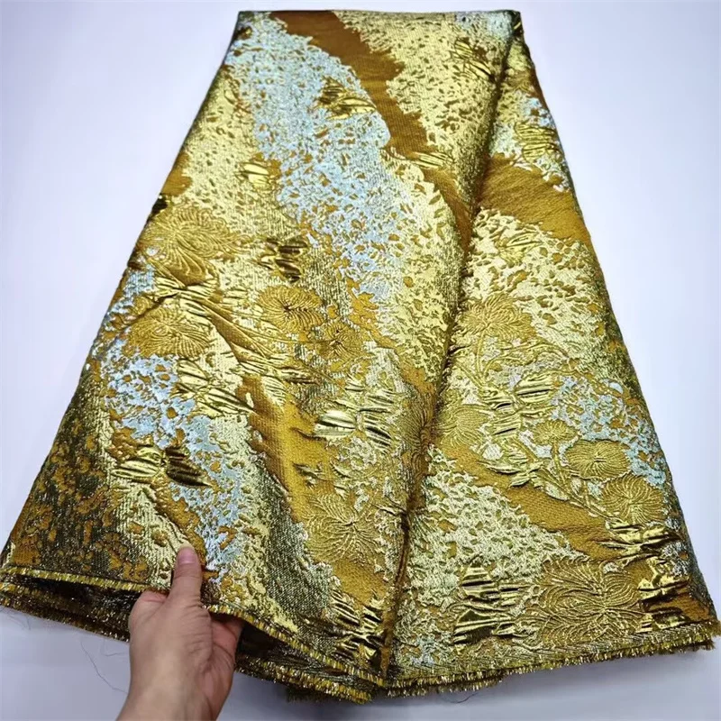 

5 Yards 2025 Gold High-Quality Jacquard Organza Embroidered African Damask Lace Fabric for Women Evening Dresses