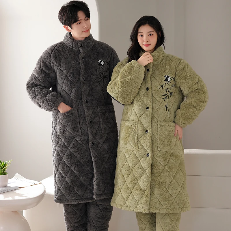 Thick 3 Layer Clip Cotton Bathrobe+Pant Men Women Winter Warm Kimono Bath Robe Dressing Gown