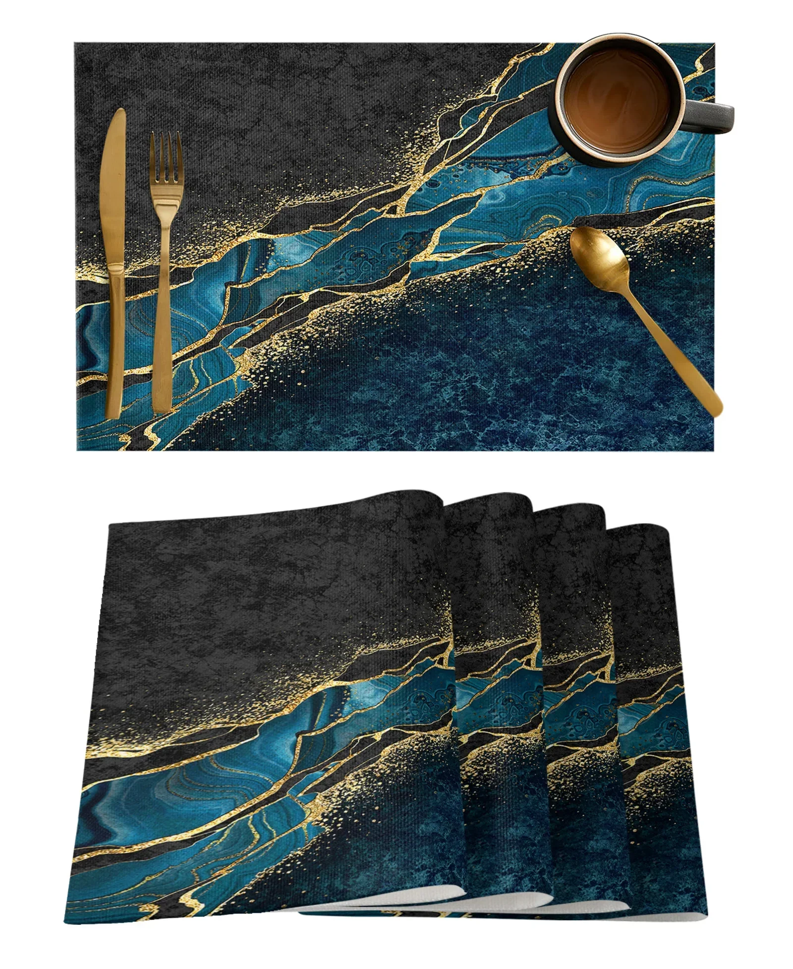 4PCS Abstract Black Marble Blue Malachite Dining Placemat Table Tableware Mats Kitchen Dish Mat Pad Table Mat Home Decoration