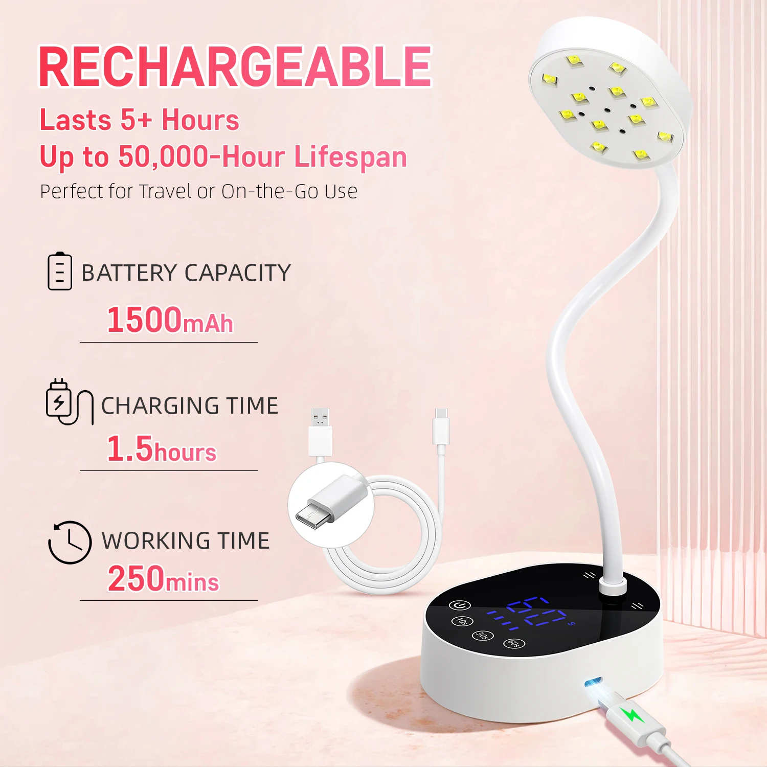 UV LEDネイルランプ 充電式 UVライト ジェルネイル用 コードレス ポータブル ネイルドライヤー 360 ° 回転式研磨硬化ランプ、バッテリー付き