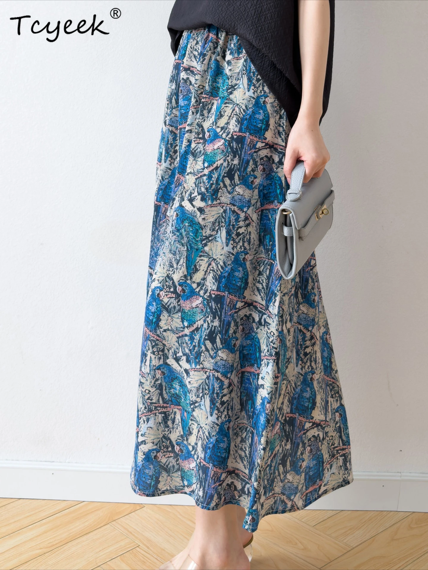 Tcyeek 100% Real Silk Womens Skirts 2026 Fashion Elegant Skirt for Woman Print Beach Skirt Summer Clothes Faldones Para Mujer