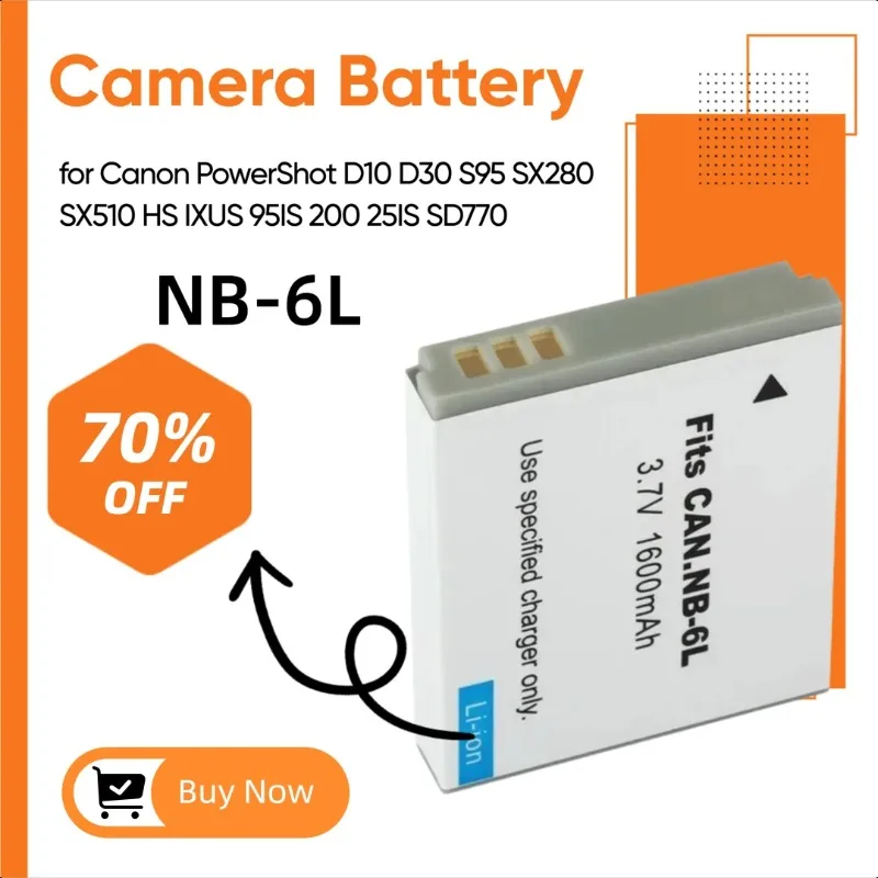 

3.7V 1600mah NB-6L Camera Battery for Canon PowerShot D10 D30 S95 SX280 SX510 HS IXUS 95IS 200 25IS SD770 IS Batteries