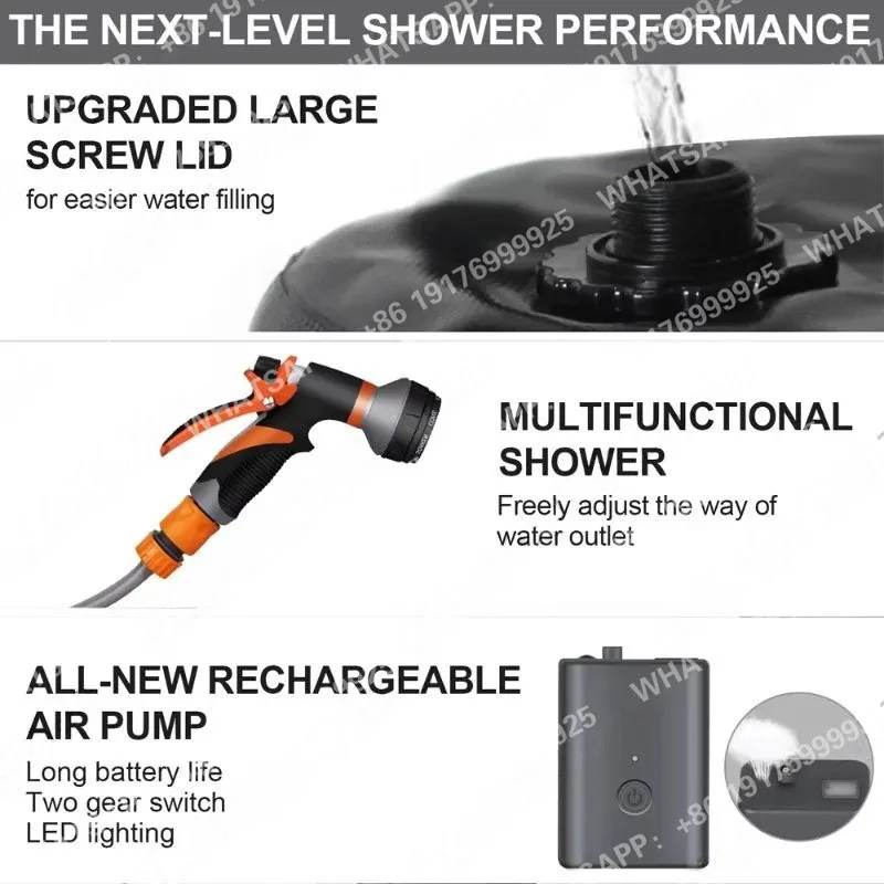 Portable outdoor hiking camping shower with 20L solar heating bag rechargeable electric pump shower for travel car pet cleaning