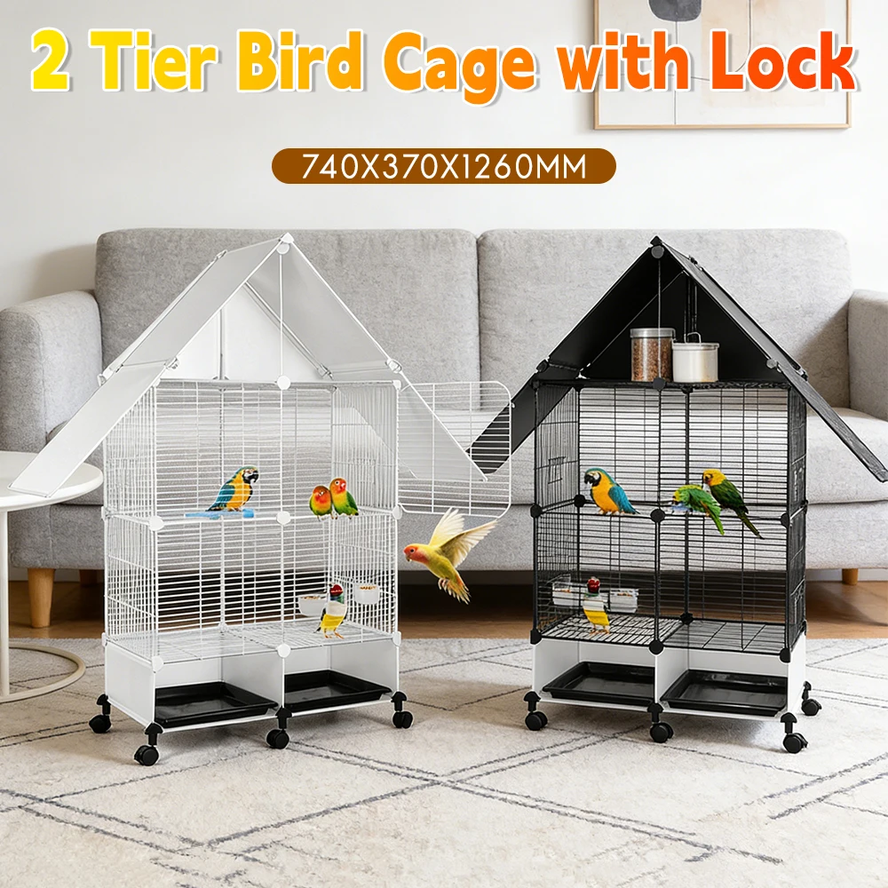 

Rolling Stand 2Tier Bird Cage House Shape with Lock Multifunction Wire Villa for Budgie Lovebird Finch Parrot Cockatiel Parakeet