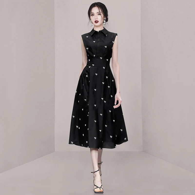 2024 Fashion Summer Shirt Collar Dress French Women Single Breasted Sleeveless Embroidery Heart Slim  Office Party Midi Dresses