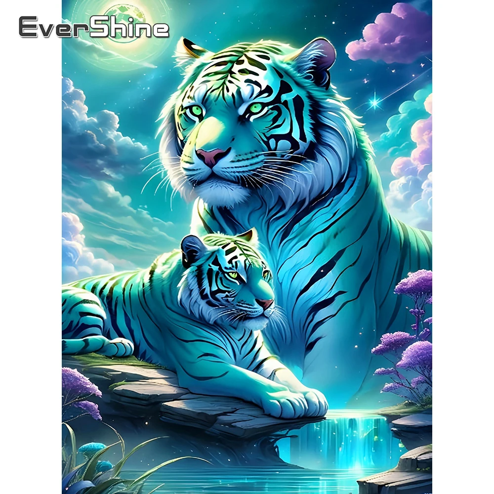 Evershine DIY Diamant-Stickerei Tiger Vollquadrat-Bildmalerei Tier-Strass-Mosaik Mond Handgemachtes Hobby