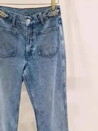 

Women Chain Pocket Button Zipper Straight High Waist Denim Pants Spring/Summer Fashion Wide Leg Pants