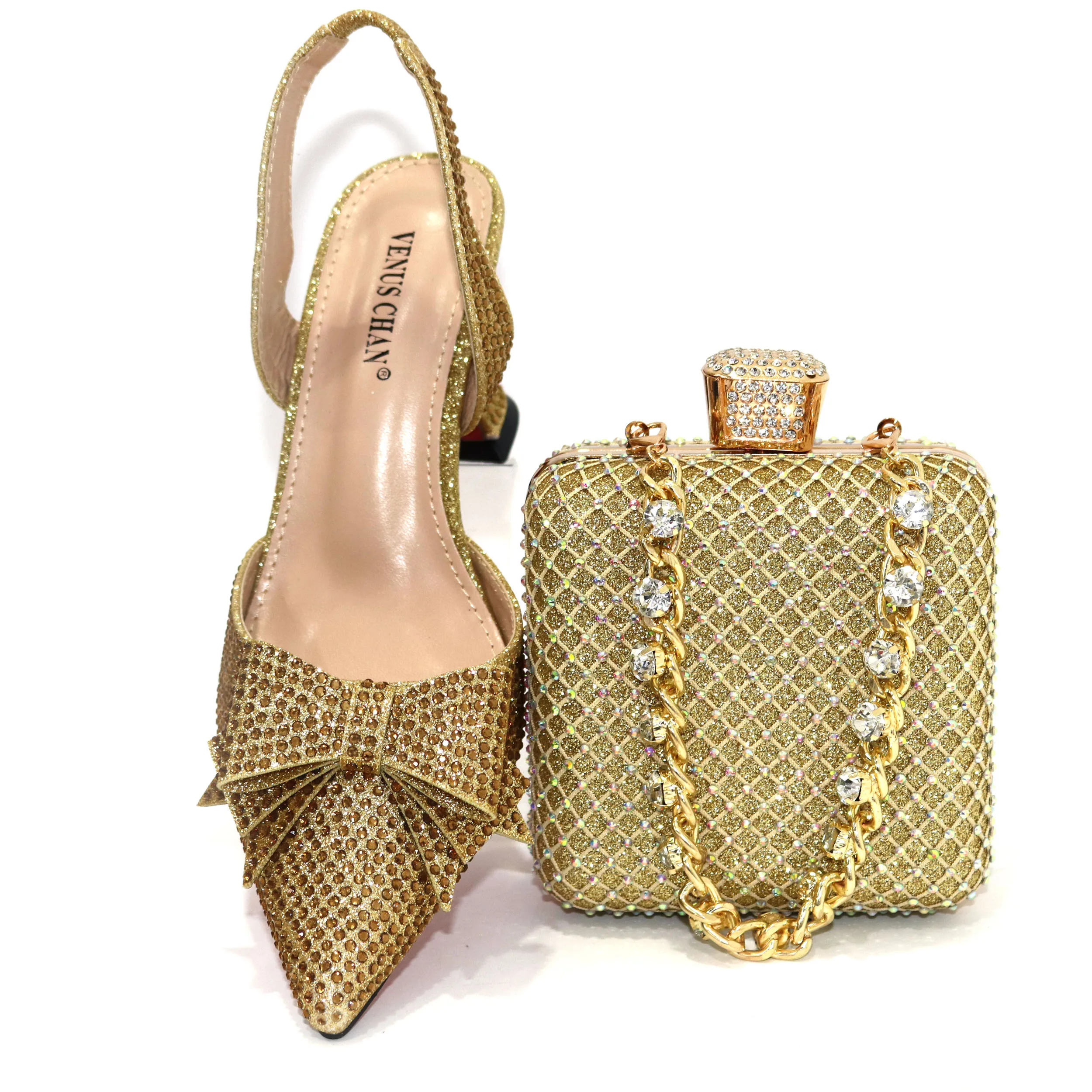 Venus Chan Bridal High Heels for Women 2023 Pointed Toe With Bows Gold Color Rhinestone Elegant Party Wedding Shoe and Bag Set