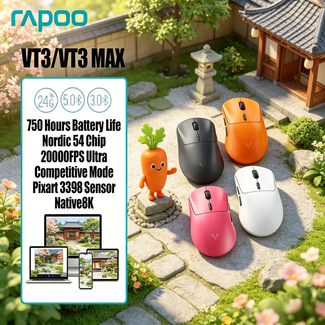 Futuristic Rapoo VT3 /VT3 MAX Wireless Gaming Mouse Holding True 8K Wireless Polling Rate 53g Slender Lightweight Body