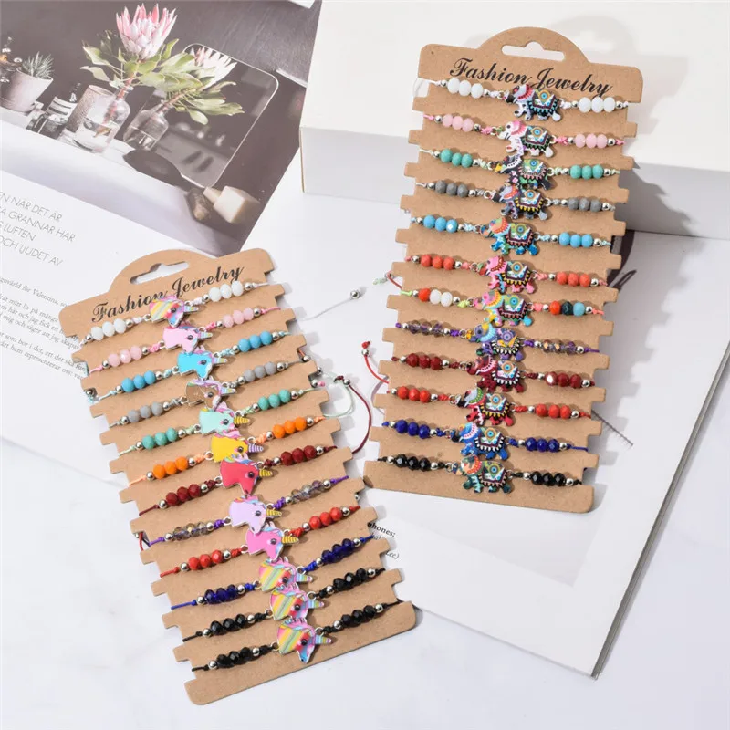 12Pcs/lot Mixed Color Flamingo Animal Beads Charms Braided Bracelet Set Adjustable Rope Wristband Bracelet Women Jewelry Gift