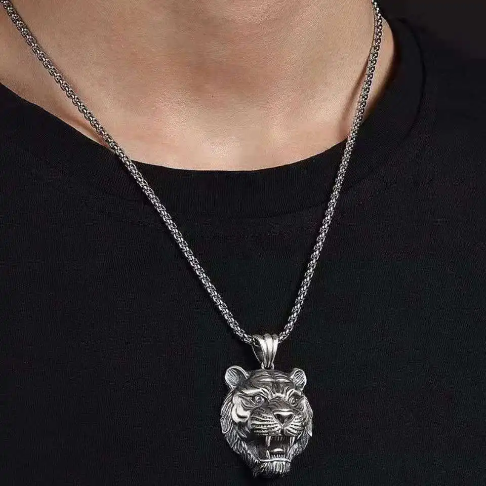 Domineering and Fierce Tiger Head Animal Pendant Necklace Men\'s Fashion Personality Punk Trend Jewelry