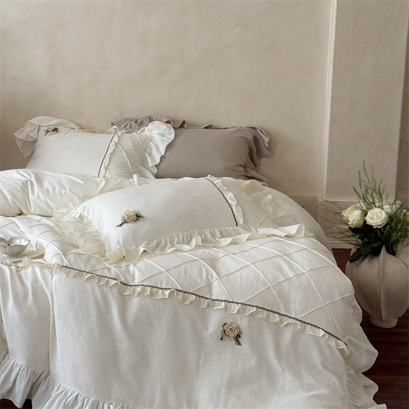 Vintage French Lace Ruffles Flowers Bedding Set Double Layer Yarn Pure Cotton Duvet Cover Pillowcases Flat/Fitted Bed Sheet 4Pcs