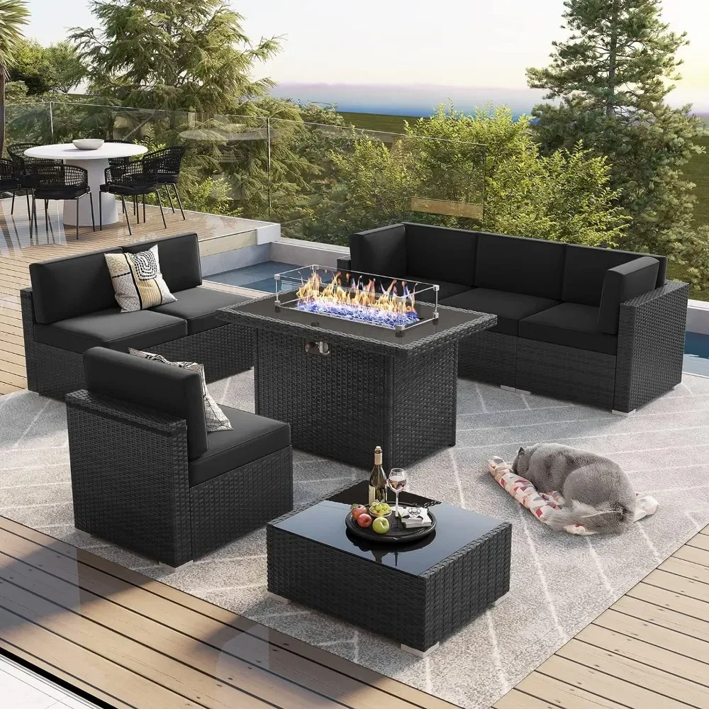 

Outdoor Sectional 8 Piece Patio Furniture Set with 44-Inch Propane Gas Fireplace Table Outdoor Wicker Rattan Sofa