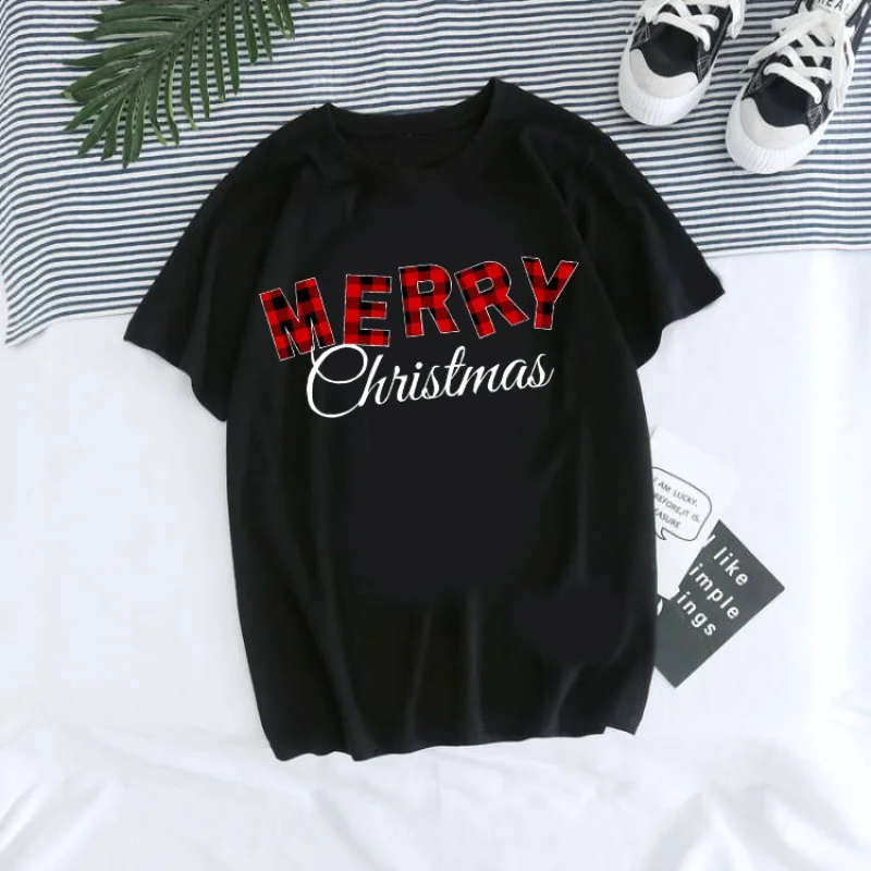 cotton 100%  Christmas Cartoon Rudolph Reindeer Breaking Paper Print T Shirt Women Holiday Casual Short Sleeve Top