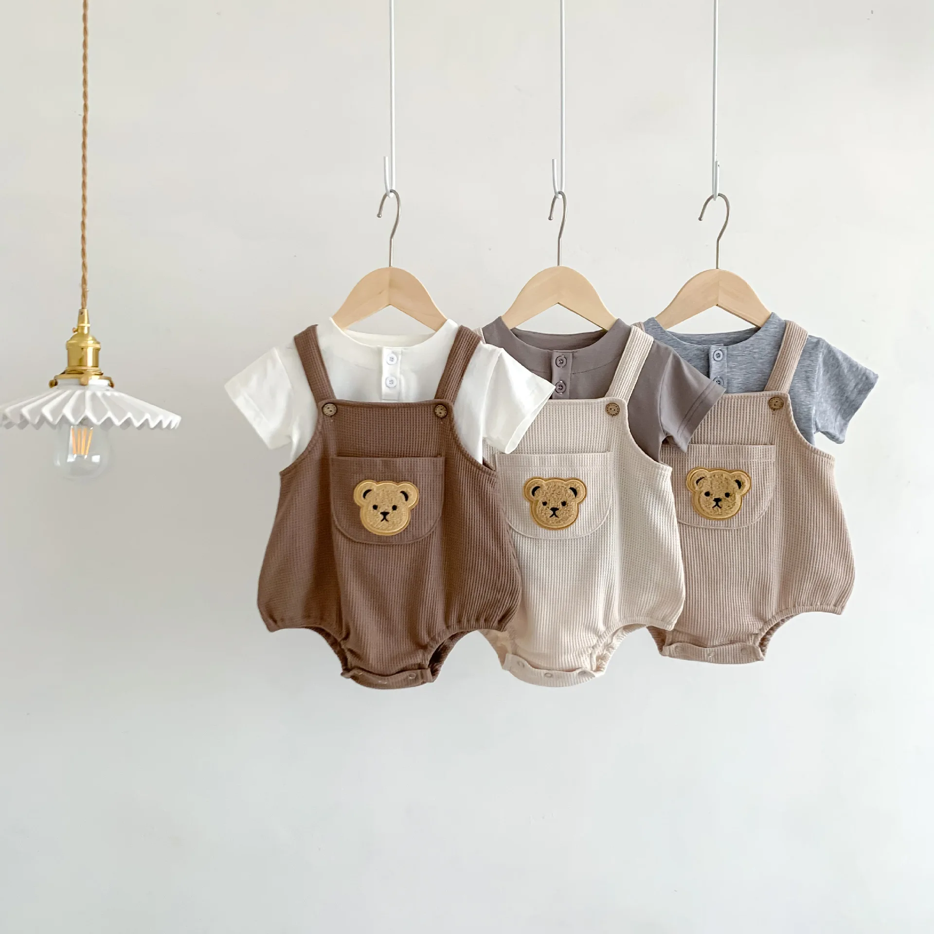 Infant Kids Cotton Clothing Set 2pcs 유아복 Baby Girls Boys Summer Short Sleeve Solid Top T-shirts Strap Pocket Bear Bodysuits