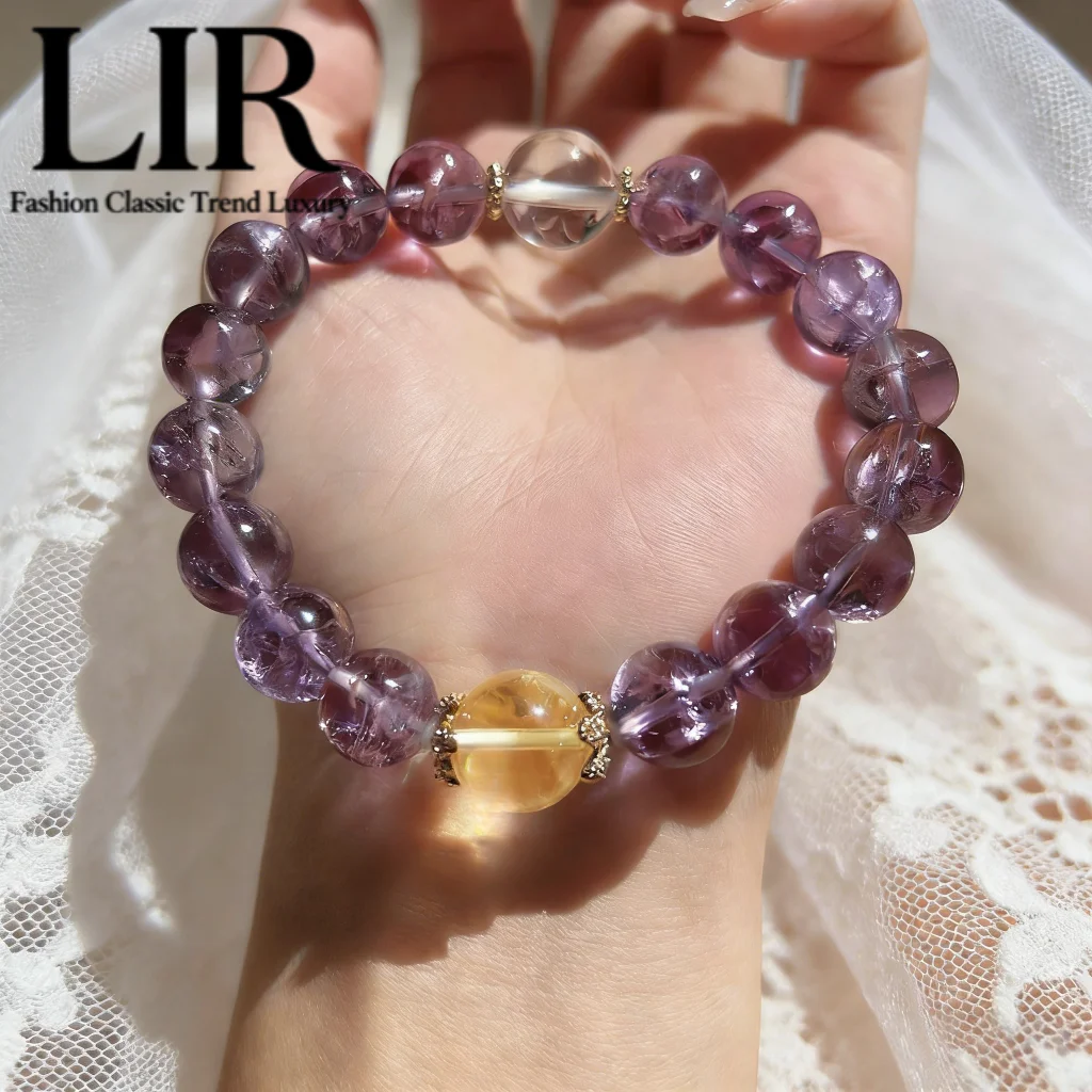 

LIR Natural Amethyst Bracelet: Unisex Citrine Clear Quartz Rainbow Flash Feng Shui Wealth Luck