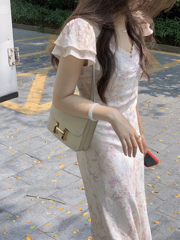 Zoete zachte bloemenprint A-lijn Dr dames lente zomer afslankende lange rok ort Sve V-Ne Bubble Sve-jurk