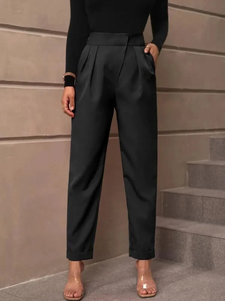 2024 Fashion Casual Women\'s High-waisted Solid Black Color Ninth Pants Suit Diagonal Pocket Tapered Trousers And Pants