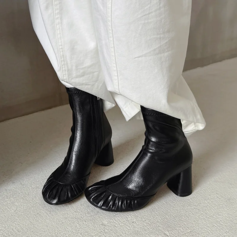 MKKHOU Genuine Leather Ankle Boots Women Ruched Round Toe Side Zipper Block Heel Stretch Slim Booties Fall Winter Boots Women view 5