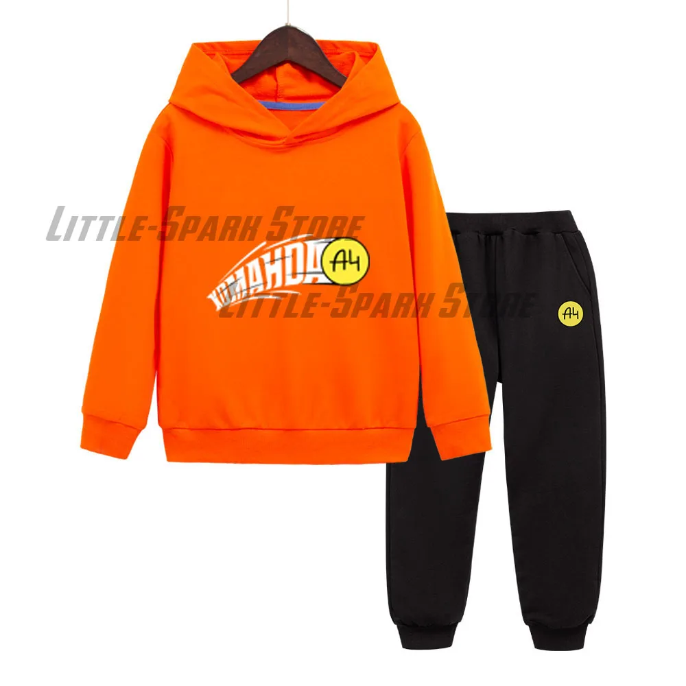 Cartoon Команда А4 Boy Girl Hoodies Sweatshirts Pants Suit Autumn Cotton Orange color Children clothing two-piece Tops Gift