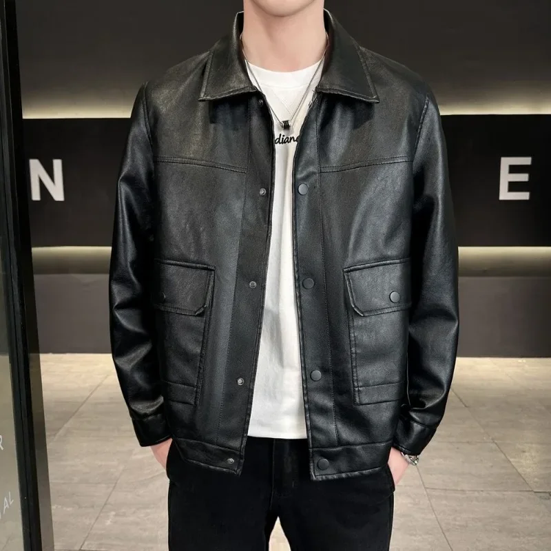 

2025 Trendy Men's Short Leather Jacket Slim Fit Collared Motorcycle Jacket Three Colors Casual Outerwear​