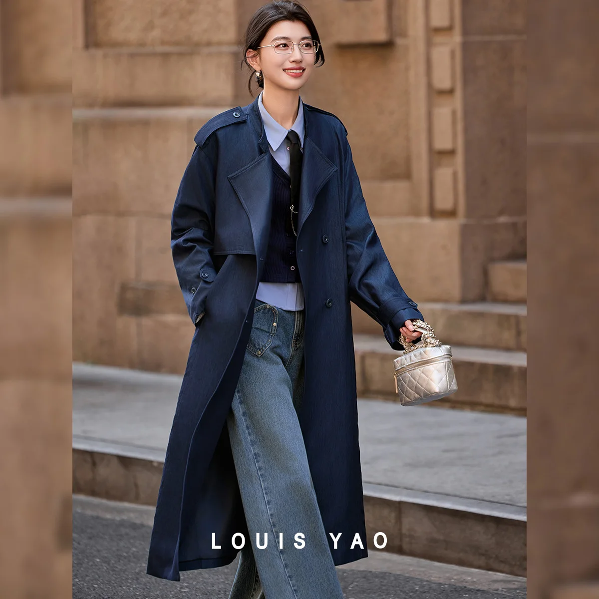 LOUIS YAO Lazy British-Style Women's Trench Coat 2025 Autumn Office-Ready Loose Fit Long Double Breasted Windbreaker for Women