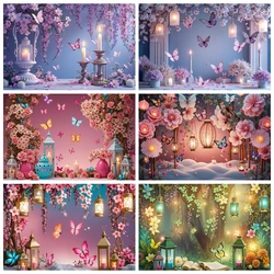 MOON.QG Pink Purple Children Birthday Photozone Backdrop Hanging Flowers Balloons Butterfly Baby Photography Shooting Background