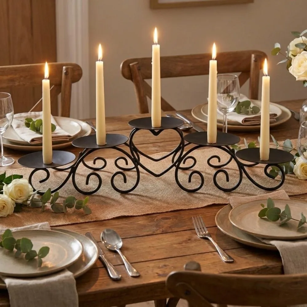 Wrought Iron Metal Heart Shaped Candle Holder Romantic Minimalist Five Headed Candlestick Modern Candle Stand Dining Table