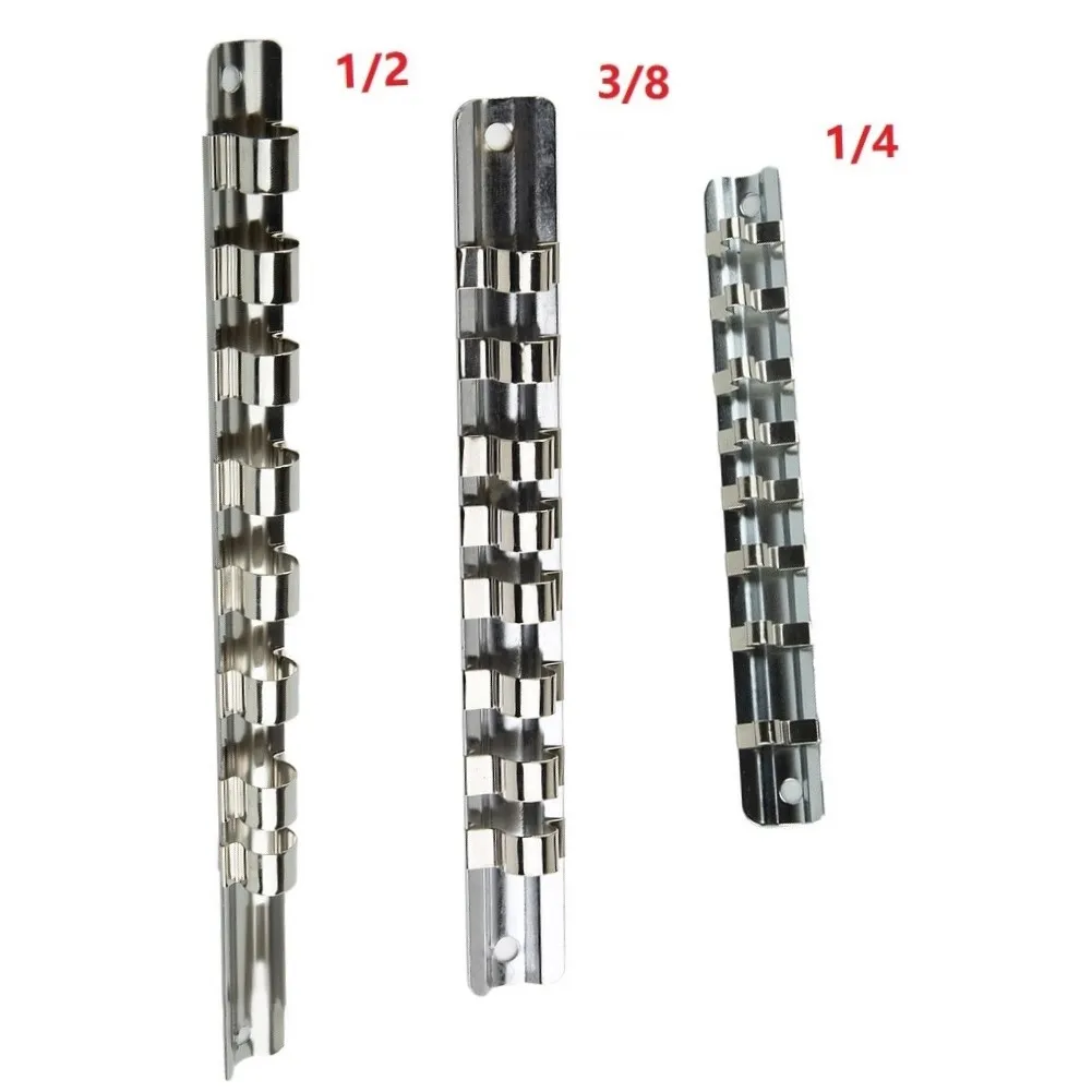 Steckschlüssel-Rack-Halter, 1/4 3/8 1/2 Zoll, mit 8 Clips auf Schiene, Werkzeug-Organizer, Aufbewahrung, Wandmontage, Eisen, Silber, Antriebssockel, Schienen halten