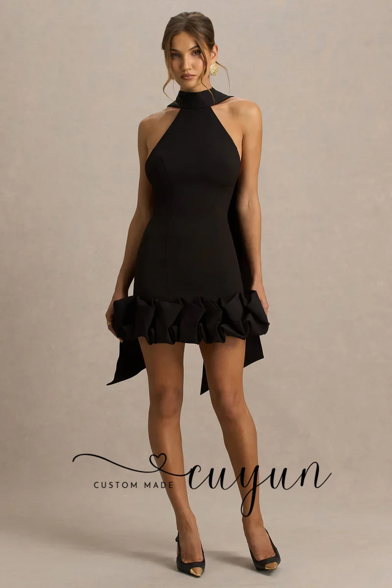 CUYUN Mini abiti da ballo neri personalizzati Halter Backless Pieghettato Night Club Abito da festa Donna Abiti per occasioni speciali Cena