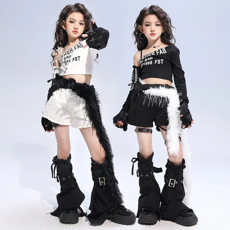 Kid Kpop Hip Hop Clothing White Black One Shoulder Crop Top T Shirt Street Lace Up Shorts for Girl Jazz Dance Costumes Clothes
