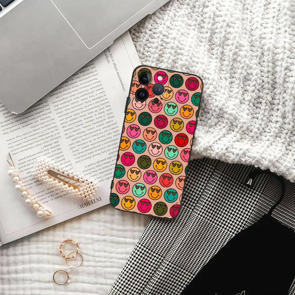 Custodia per telefono con sorriso colorato a forma di cuore e occhi per IPhone 11 12 13 14 15 16 Pro Plus Mini Max Custodia morbida in silicone TPU nero