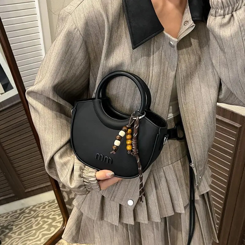 Retro Mini Half Moon Handbag for Women PU Leather Crossbody Bag with Detachable Strap Bead Charm Casual Daily Purse Bolso Mujer image 5