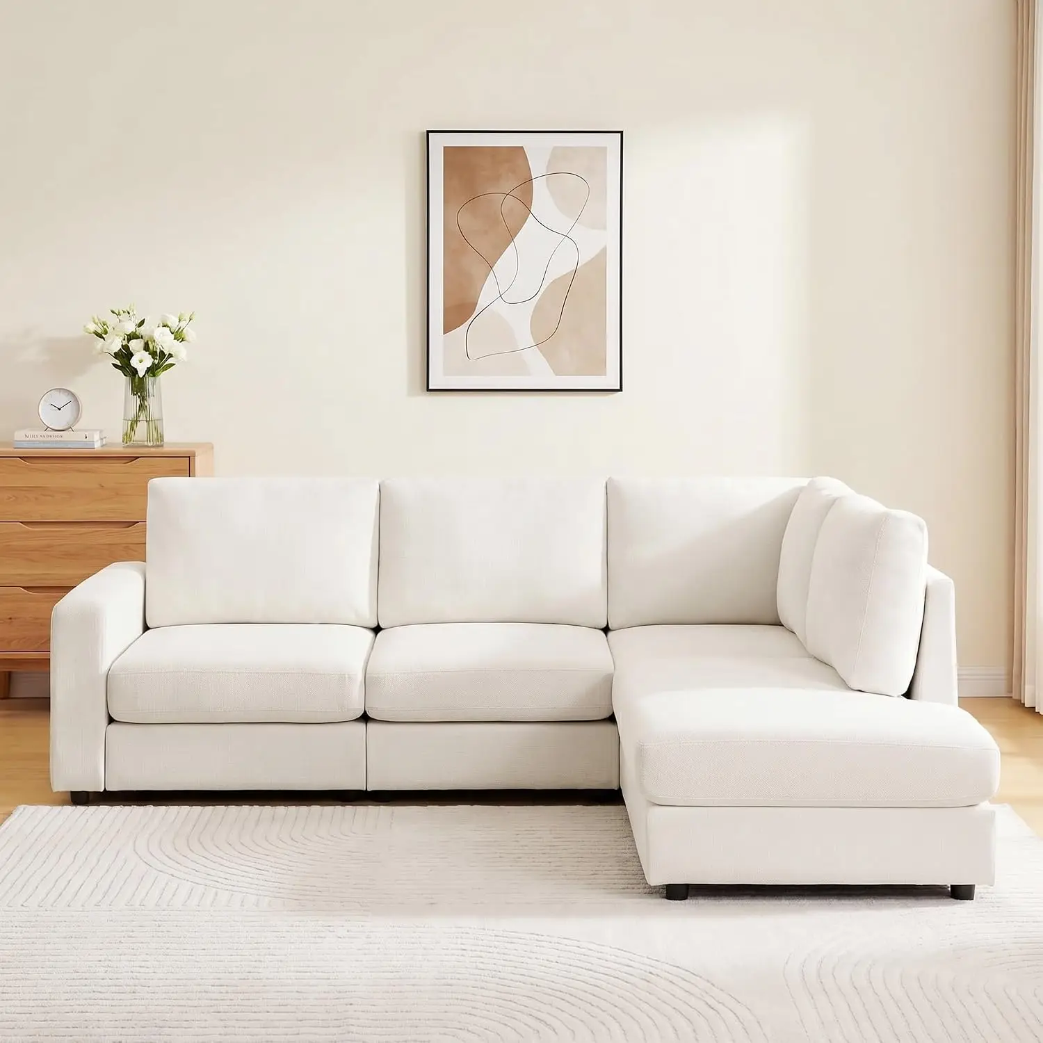 L-Shaped Sectional Sofa with Reversible Deep Chaise, Beige, Customized