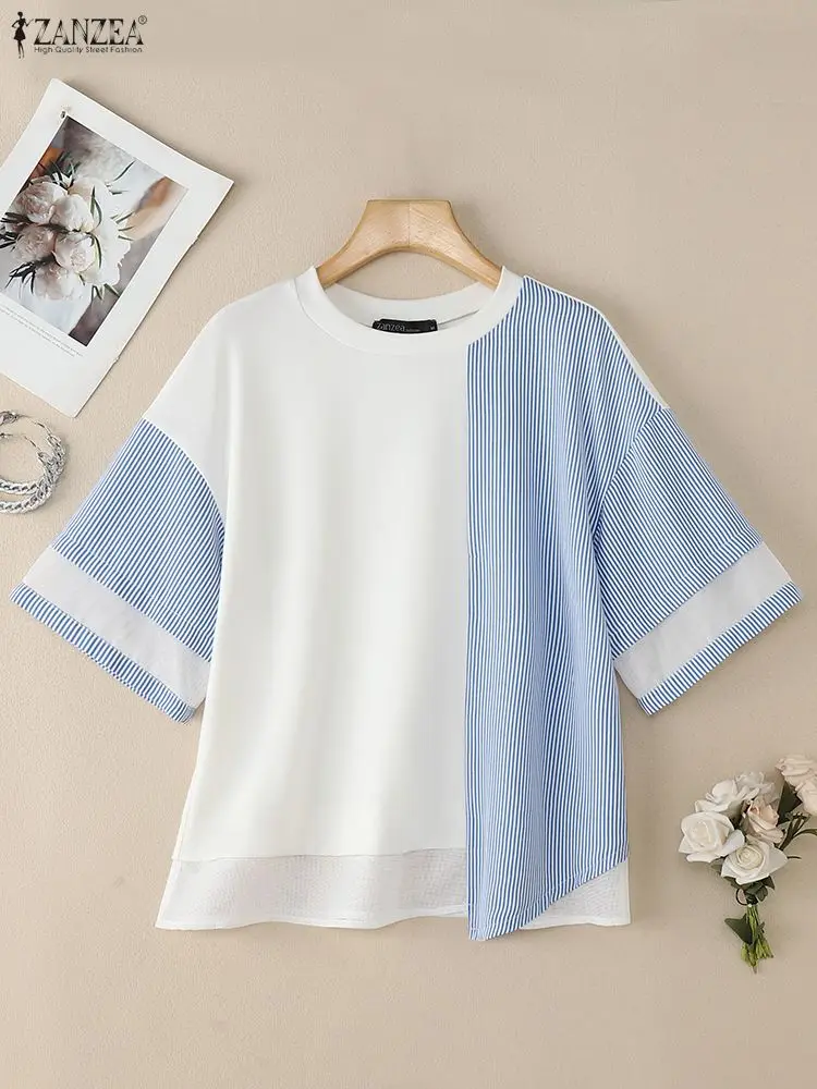 

2025 ZANZEA Summer Blouse Stylish Women Short Sleeve Stripe Tops Elegant Mesh Patchwork Work Shirt Casual O Neck OL Blusas Tunic