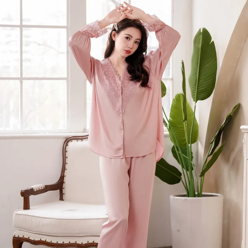 

Lace Edge Home Wear Solid Color Home Clothing Comfort Pajamas Set Long Sleeve V Neck Nightwear Silky Sexy Nuisette Femme