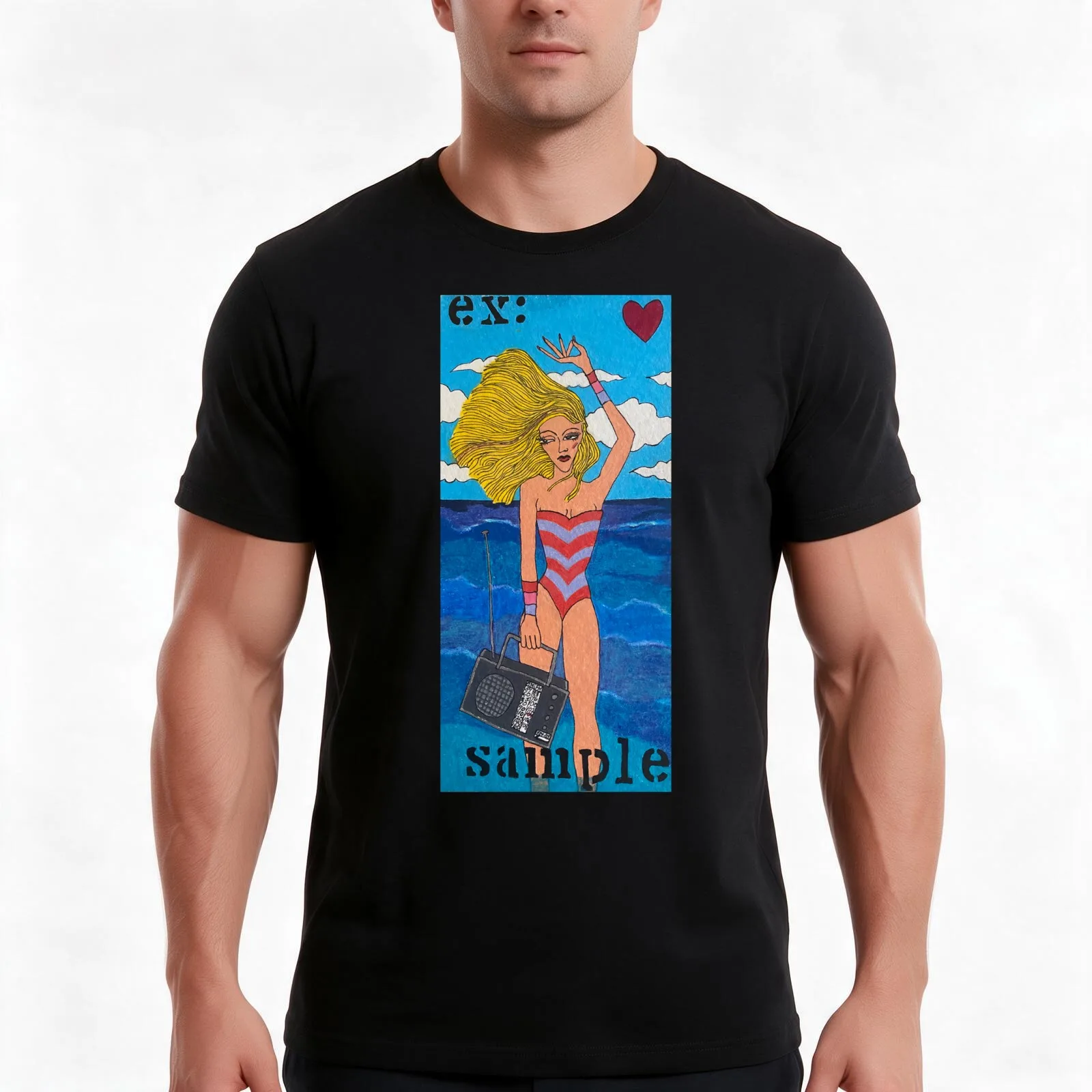 Ex:sample Boom Box Girl T-Shirt, Summer Casual Cotton Tee, Oversized Streetwear Tops, Vintage Graphic Print, Unisex Men Women